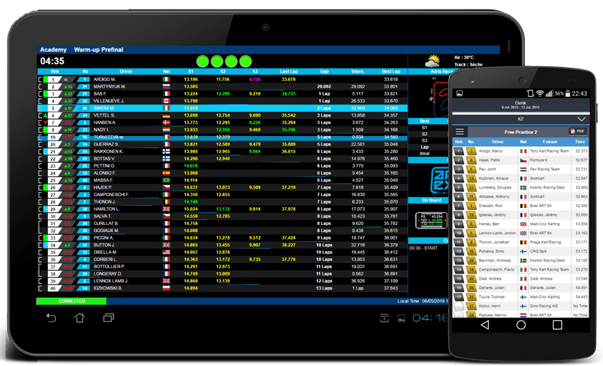 The apex Timing software solution offers additional modules for timing and control of kart races. Live timing, display of results, technical controls of karts, track management by race officials...