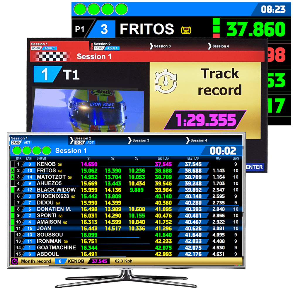 The Apex Timing go-kart software solution includes modules to display sessions and karting races on HD screens located in you rental karting center : upcoming and running session, results...